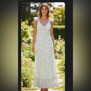 Japna White Maxi Dress with Black and Blue Dots Size M